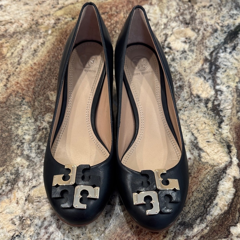 Tory Burch Black Heels with Gold Logo